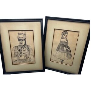 Vintage Orig Ink Drawings Framed Matted 1943 Ethel Trebits cultural garment Folk
